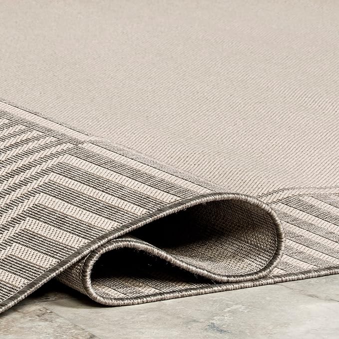 nuLOOM 2' x 8' Outdoor Area Rug, Casual Design with Striped Border, Stain Resistant, Highly Durable, for Patio, Balcony, Bedroom, Living Room, Dining Room, Bathroom, Light Grey