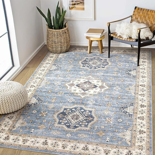 Washable Area Rugs for Living Room - 6x9 Neutral Vintage Distressed Floral Farmhouse Boho Large Soft Floor Rug Indoor Non Slip Carpet for Living Room Bedroom Dining Room Office - Blue