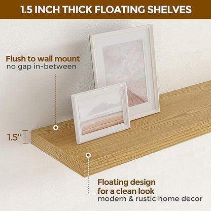 55 Inch Floating Shelves Set of 2, Rustic 55 x 9 Floating Shelf for Wall, 9 Inch Deep Wall Shelves Invisible Bracket, Large Deep Shelving for Bedroom, Kicten, Living Room, Oak Color