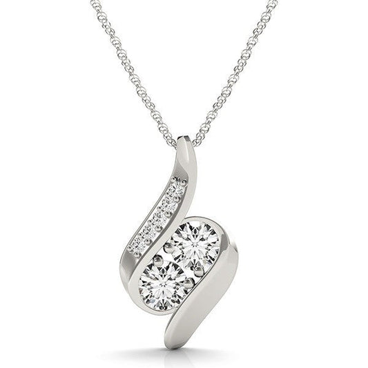 Pendentif en or blanc 14 carats, deux pierres, style incurvé, avec diamants (poids total 0,75 carat)