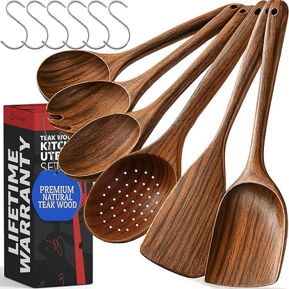 PriorityChef Premium Wooden Spoons for Cooking - 6pc Smooth Finish Teak Wooden Utensil Set with Hanging Hooks, Heat-Resistant & Nonstick Safe, Ideal for Gifting