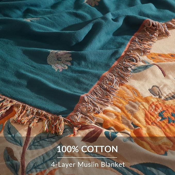 Boho Throw Blanket for Couch Sofa Bed, 100% Cotton Woven Quilt with Tassel 60”x80”, Super Soft Muslin Blanket with Floral Printed, Decorative Reversible Bed Blanket/Cover for All Seasons