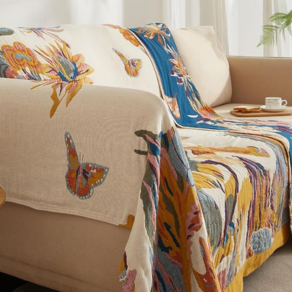 Boho Throw Blanket for Couch Sofa Bed, 100% Cotton Woven Quilt with Tassel 80”x90”, Super Soft Muslin Blanket with Floral Printed, Decorative Reversible Bed Blanket/Cover for All Seasons