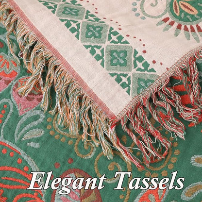 Snycler Cotton Bed Throw with Tassels, Double-Sided Bohemian Spring Flowers Plants Throws for Sofas, 60x80 inch Woven Warm Blanket for Single Sofa, Bedspread and Settee Couch Travel Green