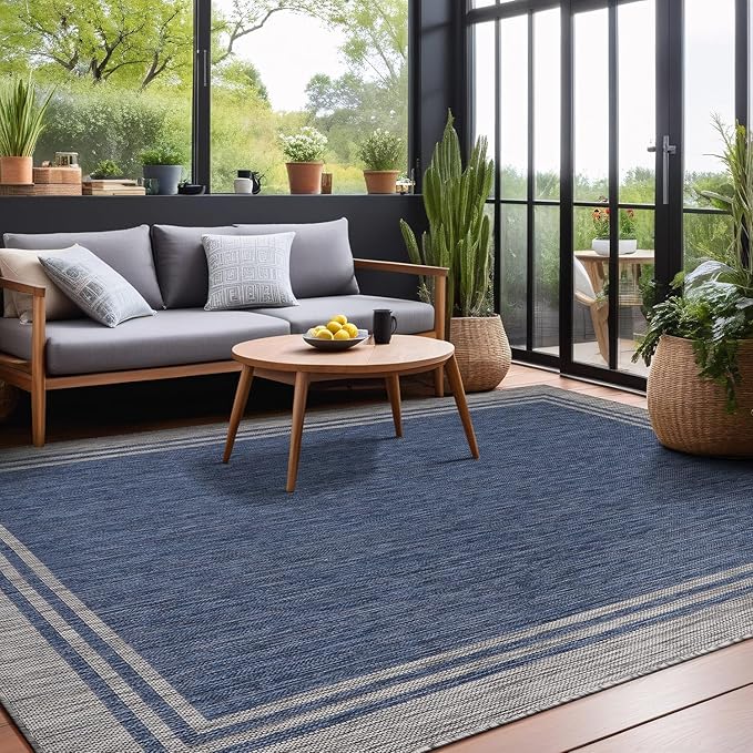 Bordered Outdoor Rug 6x9 Washable Outside Carpet for Indoor Patio Porch Waterproof Easy Cleaning Non Shedding Area Rugs Navy 6 x 9