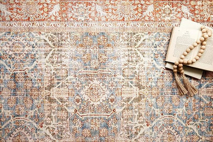 Loloi Layla Collection LAY-04 Ocean/Rust 2'-6" x 9'-6" .13" Thick Runner Rug, Soft, Durable, Vintage Inspired, Distressed, Low Pile, Non-Shedding, Easy Clean, Printed, Living Room Rug