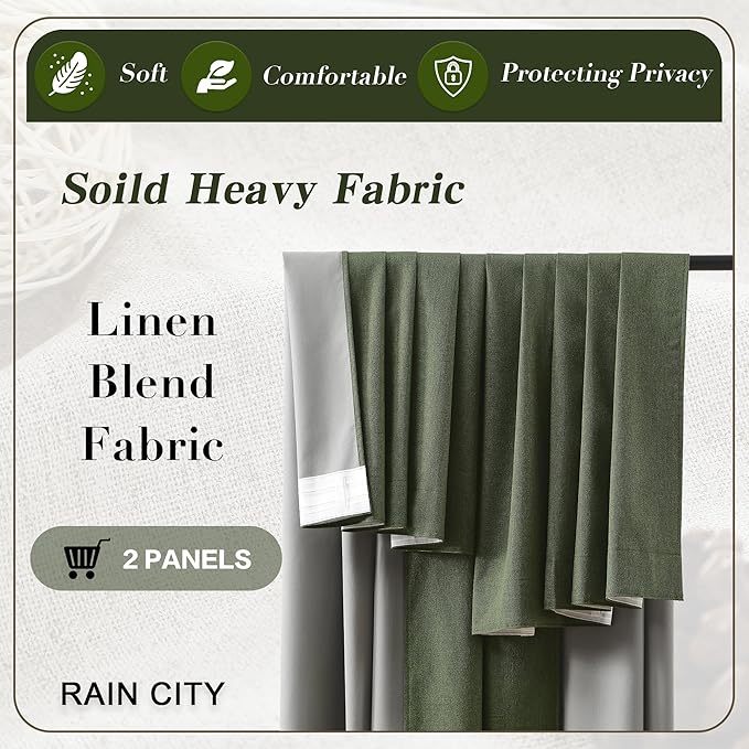 RAIN CITY Dark Olive Green Blackout Curtains 96 Inch Long with Hooks 2 Panels Set, Back Tab Drapes with Grey Backing for Track System, Modern Window Curtains for Bedroom- Loden/Olive Forest 50x96