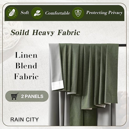 RAIN CITY Extra Wide Linen Blackout Curtains & Drapes with Hooks 70 in Width for 60&72 Inch Window 2 Panels,Back Tab Pleated Curtains for Track System Sliding Glass Door 70x108,Loden Olive Green