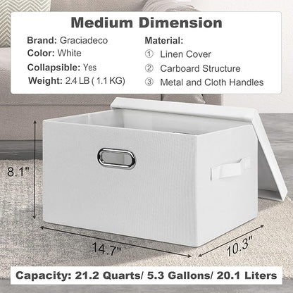 Medium 15" 21 Quart Collapsible Stackable Storage Bins with Lids, 1 Pack White Foldable Fabric Closet Storage Boxes with Lids, 4 Handles Heavy-duty Linen Cube Baskets for Bedroom