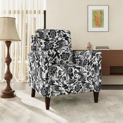 Floral Accent Chair Set of 2, High Back Upholstered Armchair with Solid Wooden Legs, Padded Armrest and Removable Comfortable Cushioned Seat Single Sofa for Living Room, Bedroom, Black