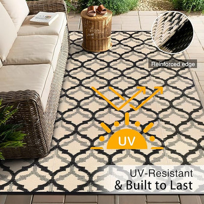OLANLY Reversible Outdoor Rug 8x10 ft Clearance, Waterproof Outdoor Plastic Straw Rug with Interlacing Pattern, RV Mat for Patio, Camping, Balcony, Deck, Backyard, Black & Beige