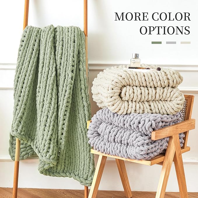 Admitrack Chunky Knit Blanket Throw 51"x63", 100% Hand Knit Chenille Throw Blanket for Sofa & Home Decor, Soft and Cozy Knitted Throw Blankets (Ivory，51"x63")