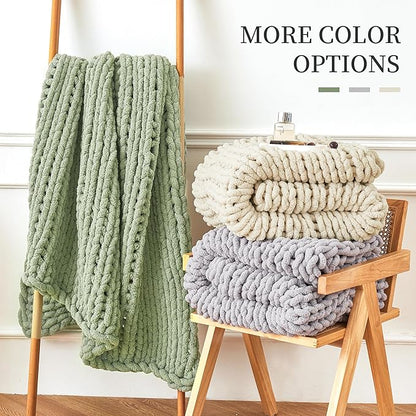 Admitrack Chunky Knit Blanket Throw, 100% Hand Knit Chenille Throw Blanket for Sofa & Home Decor, Soft and Cozy Knitted Throw Blankets (Sage Green，40"x50")