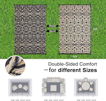 OLANLY Outdoor Rug Waterproof 6x9 ft Clearance, Reversible Outdoor Plastic Straw Rug with Floral Pattern, RV Mat for Patio, Camping, Balcony, Deck, Backyard, Black & Beige
