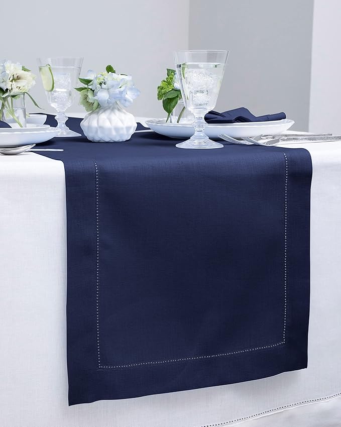 Solino Home Linen Navy Table Runner 108 Inches Long - 100% Pure Linen 14 x 108 Inch Table Runner for Fall, Autumn, Thanksgiving - Classic Hemstitch