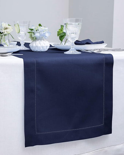 Solino Home Linen Navy Table Runner 108 Inches Long - 100% Pure Linen 14 x 108 Inch Table Runner for Fall, Autumn, Thanksgiving - Classic Hemstitch