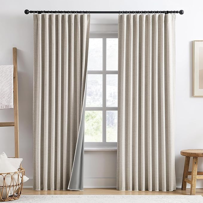 RAIN CITY Extra Wide Curtains 90 Inch Long 2 Panels,Total 140 in Wide Boho Noise Reduction Window Burlap Track System Curtain Panels for Country Villa Back Tab Pleat Tape with Hooks,Linen Beige 70x90