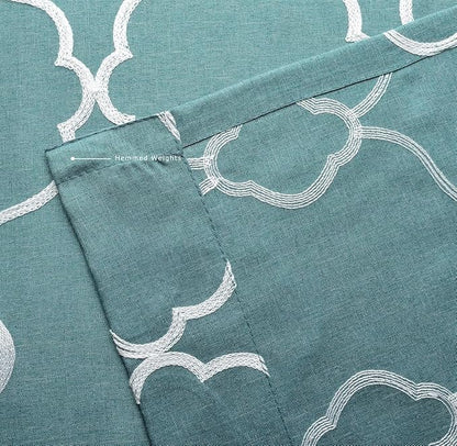 MIUCO Moroccan Embroidered Semi-Sheer Curtains Faux Linen Grommet Curtains for Living Room 52 x 84 Inch 2 Panels Set, Teal
