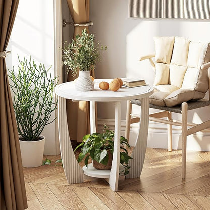 Rustic Farmhouse end Table X 2P with Storage Shelf, French Country Accent Side Table for Family, Dinning or Living Room, Small Spaces, Modern, Round, White