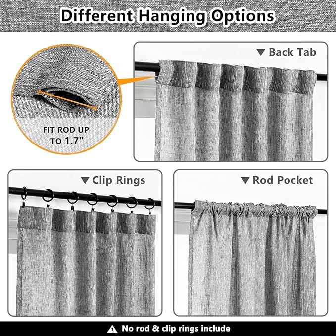 MYSKY HOME Long Sheer Curtains Farmhouse, Sliding Door Curtain for Living Room Light Filtering Privacy Protect Soft Cotton Blend Back Tab Window Drapes Boho, 50" x 108", Dark Grey, 2 Panels