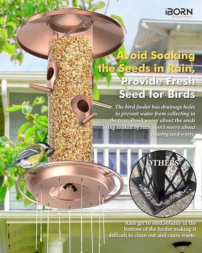 iBorn Bird Feeders for Outdoors, 2LB Metal Bird Feeders 17cm Large Roof &Tray, 4 Feeding Ports, Brushed Copper Finishing