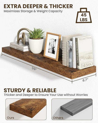 Marsmiles 39" Floating Shelves for Wall, Wooden Shelves with Invisible Brackets Set of 2, Rustic Farmhouse Wall Mounted Shelf for Kitchen Bathroom Living Room Study, Rustic Brown