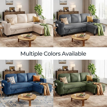LINSY HOME Sectional Sleeper Sofa with Pull Out Couch Bed - Convertible Plush Corduroy Cloud Couch with Storage Chaise & USB Charging, Comfy L Shaped Modular Couches for Living Room Apartment, Blue