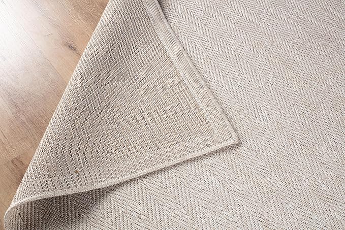 CAMILSON Indoor and Outdoor Runner Rug Off-White Herringbone Seagrass Boho Design Easy-Cleaning Non Shedding Fiber Living Room Bedroom Garden Patio and Kitchen Washable Outside Carpet Alfombras (2x7)