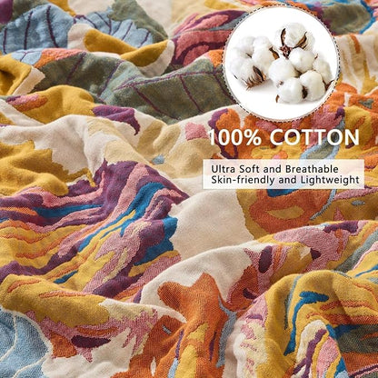 Boho Throw Blanket for Bed, Sofa,Cozy Warm Lightweight Fall Throw Blankets,100% Woven Cotton Southwestern Farmhouse Floral Decor Reversible Blanket, Chair, Picnic Blanket, 50"x60"