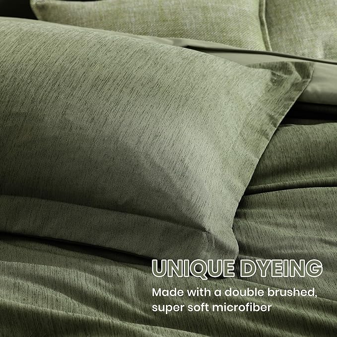 Monbix Queen Comforter Set - 7 Pieces Cationic Dyeing Olive Green Bed in a Bag Queen Bedding Sets with Comforter, Sheets, Pillowcases & Shams, Reversible Bedding Comforters Sets