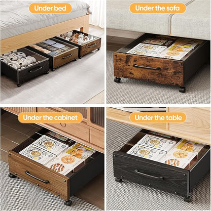 Wooden Under Bed Storage with Wheels, 80L Extra-large Rolling Under the Bed Storage Bins 2 Pack with Removable Lid, Upgrade Metal Under Bed Drawers for Clothes Shoes Blankets in Bedroom