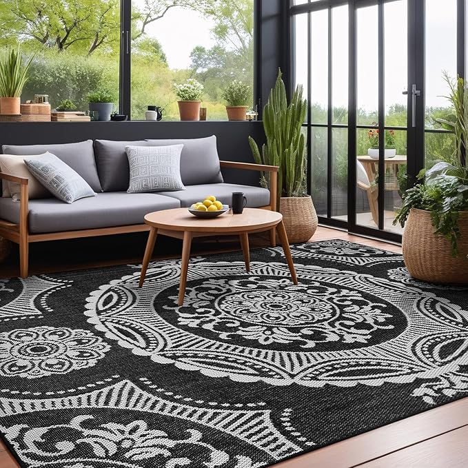 Medallion Outdoor Rug 5x7 Washable Outside Carpet for Indoor Patio Porch Waterproof Easy Cleaning Non Shedding Area Rugs Black 5 x 7