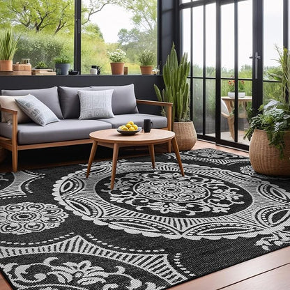 Medallion Outdoor Rug 5x7 Washable Outside Carpet for Indoor Patio Porch Waterproof Easy Cleaning Non Shedding Area Rugs Black 5 x 7