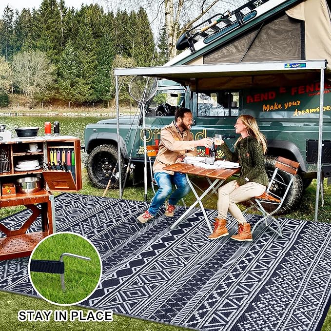 GAOMON Outdoor Rug Waterproof 8'x10', Reversible Outdoor Plastic Straw Rug, Boho Patio Rug, Indoor Outdoor Carpet, RV Mat Outside for Patio, Camp, Picnic, Balcony, Deck, Dark Blue/White(Bohemia)