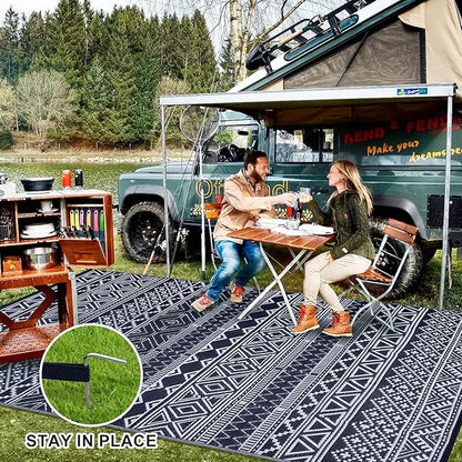 GAOMON Outdoor Rug Waterproof 8'x10', Reversible Outdoor Plastic Straw Rug, Boho Patio Rug, Indoor Outdoor Carpet, RV Mat Outside for Patio, Camp, Picnic, Balcony, Deck, Dark Blue/White(Bohemia)