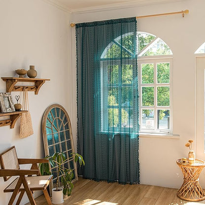 Sutuo Home Boho Curtains 120 inches for Bedroom Dining Room Patio Doorway, Crochet Lace Sheer Bohemian Extra Long with Tassels,Window Treatment Drape, Single 1 Panel 59" W x 120" L, Turquoise