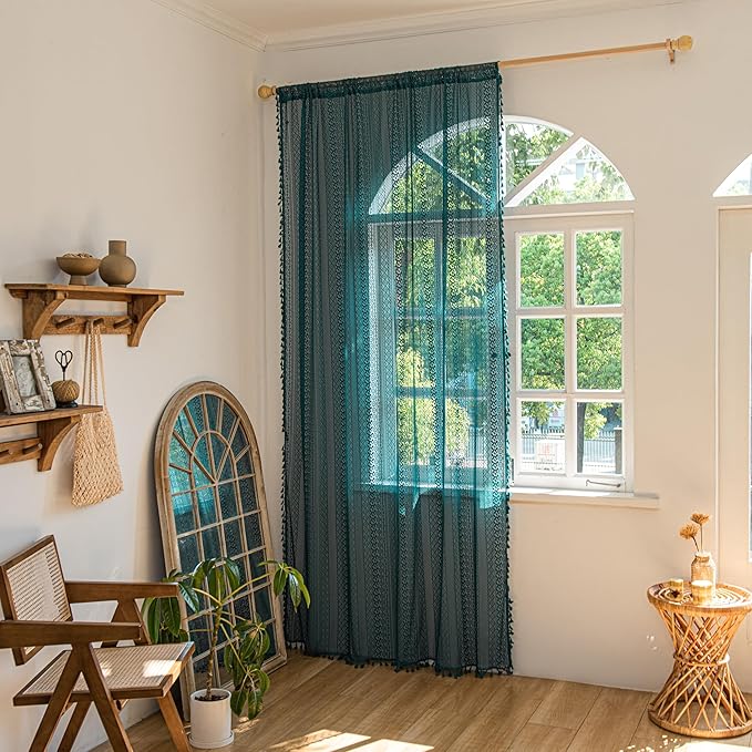 Sutuo Home Boho Curtains Crochet Lace Sheer Bohemian Hollow Knitted with Tassels, Window Treatment Privacy Vintage Rustic Farmhouse Drapes for Bedroom, Rod Pocket 1 Panel 59" W x 63" L, Turquoise