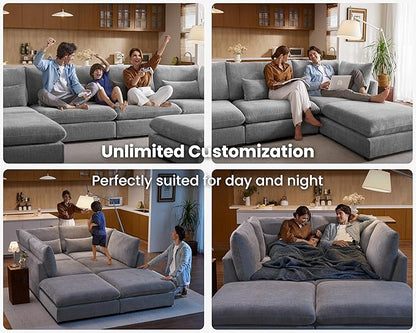 Oversized Modular Sofa, Extra Deep Cloud Chenille Sectional Couch with Ottoman Chaise, Fluffy Chenille 4 Seat L-Shaped Sofa for Living Room, Villa (L Shape 4 Seater, Chenille Grey)