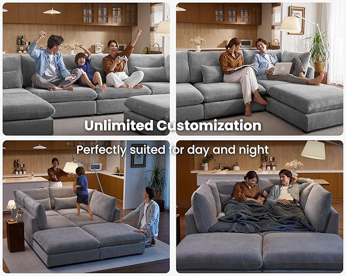 Oversized Modular Sofa, Extra Deep Cloud Chenille Sectional Couch with Ottoman Chaise, Fluffy Chenille 6 Seater Couch Bed for Living Room, Villa (Sofa Bed 6 Seater, Chenille Grey)