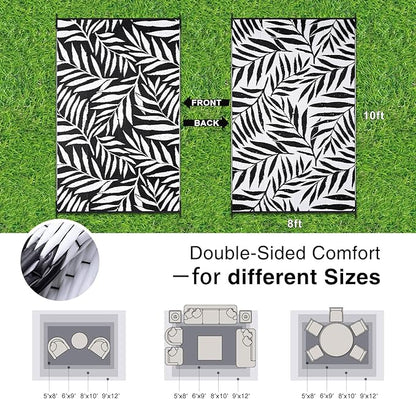 OLANLY Waterproof Outdoor Rug 8x10 ft, Reversible Outdoor Plastic Straw Rug with Leaf Pattern, RV Mat, Indoor Outdoor Carpet for Patio, Camping, Balcony, Deck, Backyard, Black & White