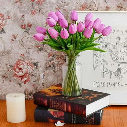 Mandy's Artificial Tulips 20 Stems Lavender PU Faux Flowers for Wedding Home Decor 13.5 Inch