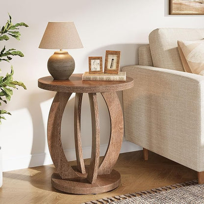 Tribesigns End Table, Round Side Table with Storage, Farmhouse Nightstand Bedside with Round Tabletop, Accent End Table for Living Room Bedroom Small Space, Wooden Accent Furniture (2, Brown)
