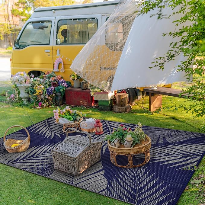 GENIMO Outdoor Rug 5' x 8' Waterproof for Patios Clearance, Reversible Outdoor Plastic Straw Camping Rug Carpet, Large Area Rugs Mats for RV, Picnic, Backyard, Deck, Balcony, Porch, Beach, Blue&Grey