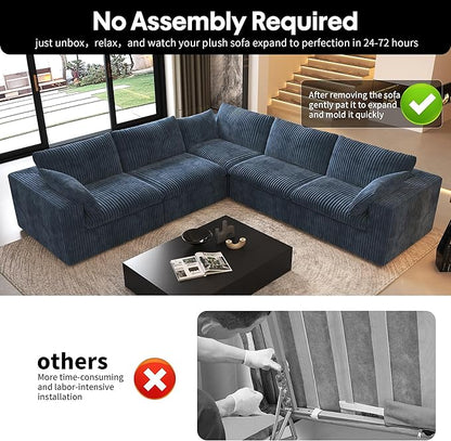 118" V Shaped Corner Modern Sofa Modular Sectional Cloud Couch,Deep Seat Upholstered Couches with Plush Corduroy Fabric for Living Room Furniture,Bedroom and Apartment,No Assembly Required,Blue