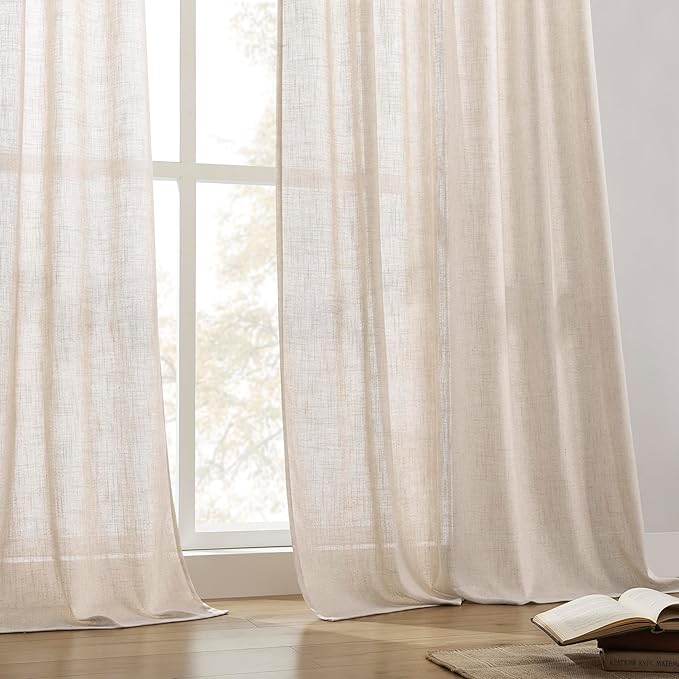 Joydeco Linen Curtains for Living Room,Semi Sheer Drapes Window Long Curtains 72 inches Long Pink Beige