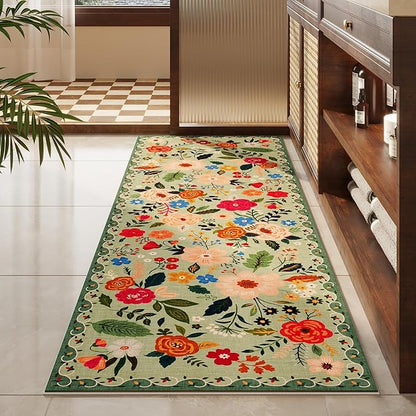 Runners for Hallways Kitchen Runner Rug Non Slip 2'x 10' Long Washable Rugs with Rubber Backing Soft Floral Carpet Runner for Hallways, Kitchen, Laundry, Bedroom, Bathroom(Green)