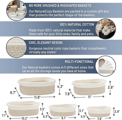 NaturalCozy 5-Piece Rectangle Storage Basket Set- Natural Cotton Rope Woven Baskets for Organizing! Small Basket for Montessori, Baby Nursery, Dog Toy Baskets, Cat Toy Box, Bathroom Organization Bin