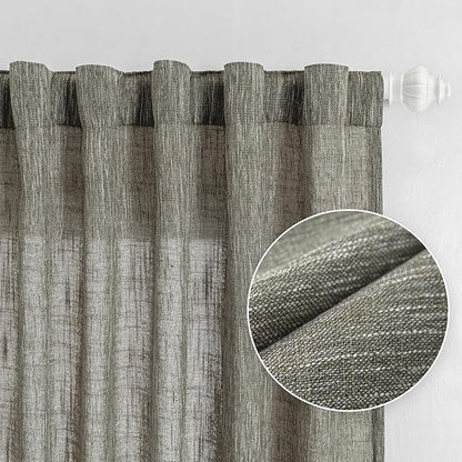 MYSKY HOME 90 Inches Long Living Room Curtains Farmhouse Light Filtering Privacy Curtain Drapes for Patio Door, Linen Look Texture Fabric Bohemian Draperies Soft Touch, 50x90, Olive Green, 2 Panels