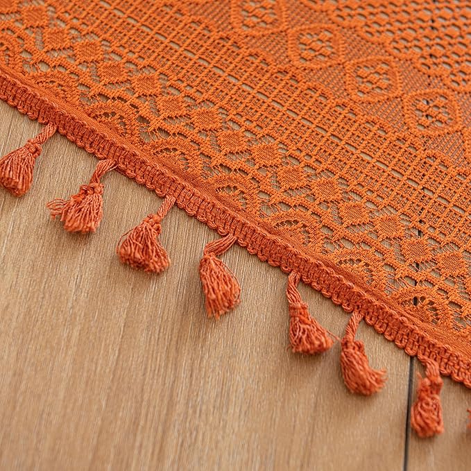 Sutuo Home Burnt Orange Boho Curtains 102 inches Long for Bedroom Dining Room, Crochet Lace Sheer Bohemian Tassels Hollow Knitted,Window Treatment Drapes Fall Decor, Rod Pocket 1 Panel 59" W x 102" L