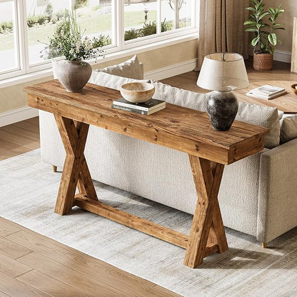 Solid Wood Console Table, 63-Inch Farmhouse Entryway Table with X-Shaped Legs, Real Wood Behind The Couch Table for Living Room, Entrance, Hallway, Easy Assembly
